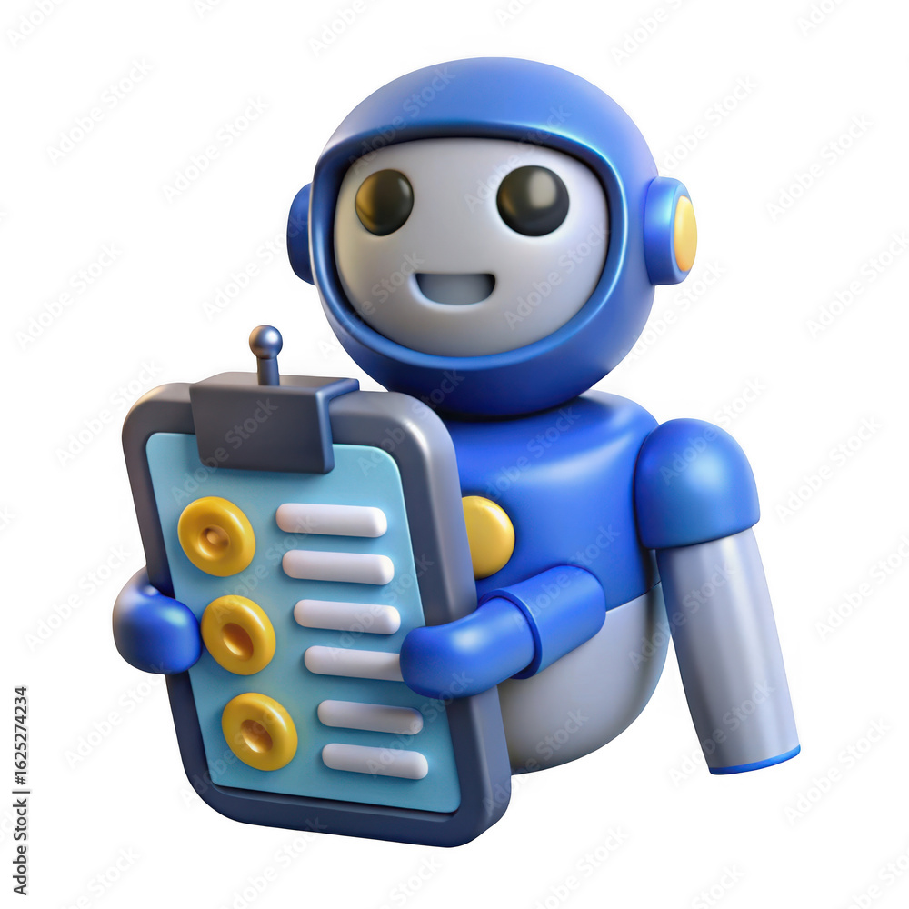 Poster friendly blue robot holding a checklist clipboard with cartoonish icons and text isolated on transpa