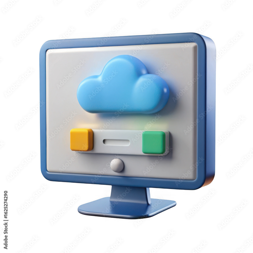 Leinwandbilder 3d computer monitor displaying a blue cloud icon and buttons isolated on transparent background
