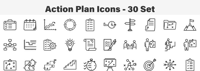 Action Plan 30 Set Line Art icons Collections Vector Illustration. Action Plan and Business Strategy Outline Icons