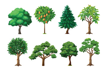 Variety of Trees Collection: A diverse assembly of eight illustrated trees, each with a unique shape and foliage.