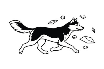 Stylized black and white illustration of a husky dog running