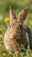 Fototapeta premium A young rabbit sitting in a grassy field with small yellow flowers
