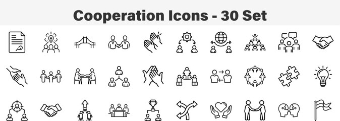 Cooperation 30 Set Line Art icons Collections Vector Illustration. Cooperation and Teamwork Business Vector Icons