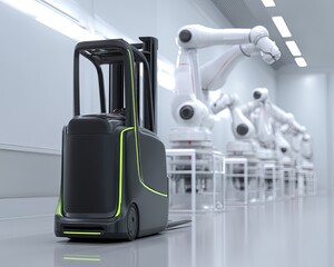 Automated Forklift In Modern Warehouse With Robotic Arms
