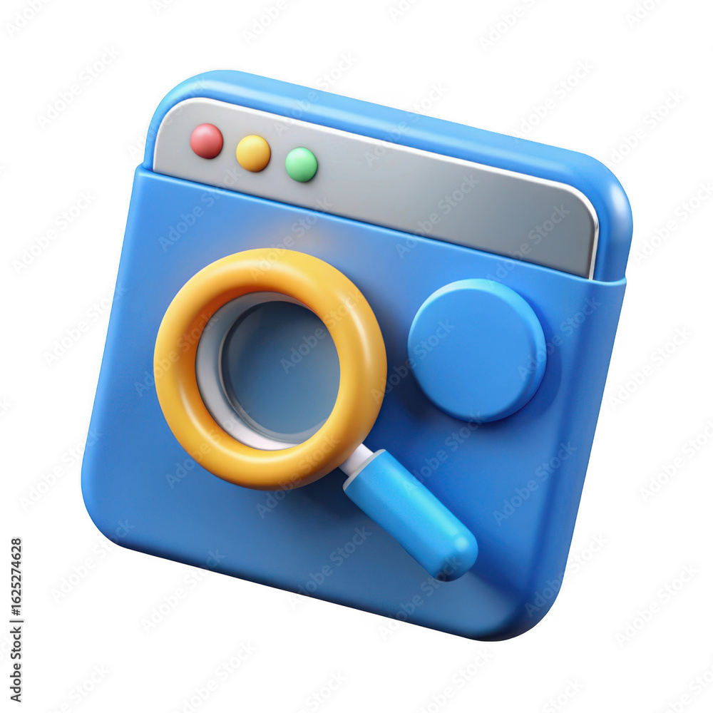 Aufkleber stylized 3d browser window with magnifying glass for search and data analysis isolated on transparen