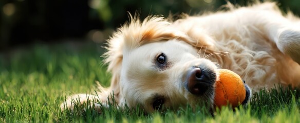 The playful golden retriever enjoying a sunny day with its orange ball.