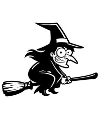 Funny cartoon witch silhouette flying on a broomstick with a spooky smile