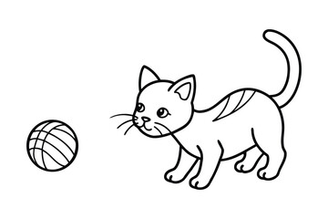 Cute cartoon kitten playing with a ball outline drawing