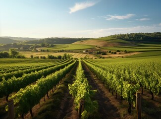 Fototapeta premium Vineyard landscape in the late afternoon, rows of grape vines stretching toward the hills. Rolling hills and blue sky provide a scenic backdrop for this vineyard view.