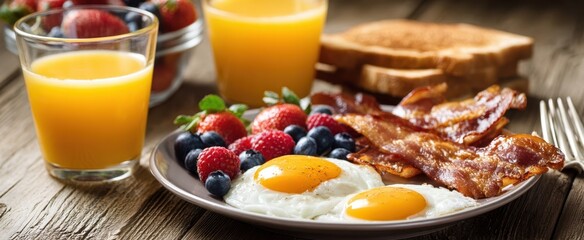 The delicious breakfast spread with eggs, bacon, toast, and fresh berries.