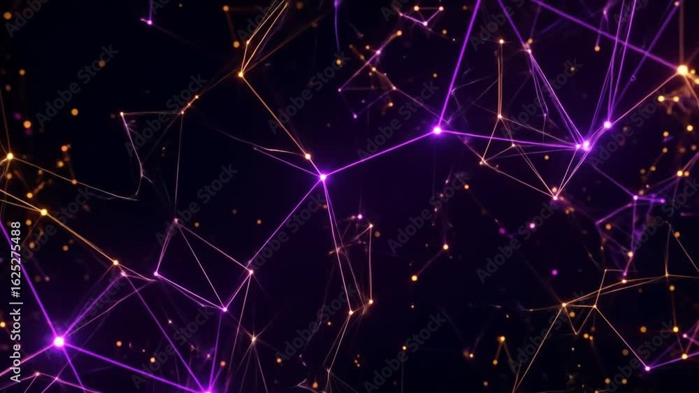 Poster abstract network of purple and gold glowing data points and lines on dark background