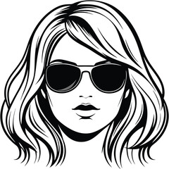 Blonde haired woman's face is visible with sunglasses in a monochrome illustration