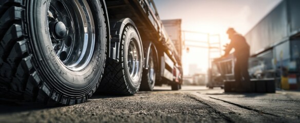 The Close-Up of Truck Tires and Worker in Industrial Setting at Sunset