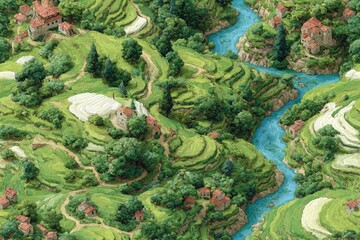 Top-down Medieval kingdom terrain map seamless rolling hills farmland and castles hand-painted style repeatable edges for strategy game tiles