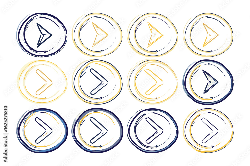 Poster arrow icon set in unique style: a collection of twelve artistically rendered arrow icons, each encas
