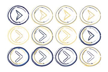 Arrow Icon Set in Unique Style: A collection of twelve artistically rendered arrow icons, each encased within a circular frame, offers a versatile visual element for navigation or emphasis.