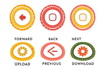 Button icons: A collection of six vibrant and stylized button icons for digital interfaces, featuring designs for forward, back, next, upload, previous, and download functions.
