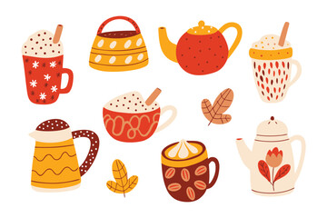 Warm Drinks Collection: An inviting collection of illustrated beverages and teapots, perfect for creating cozy designs, filled with the warmth of autumn's spirit.