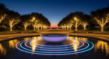 Modern glowing fountain at night with illuminated trees, long exposure, serene urban park scene