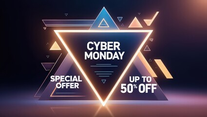 A cyber monday sale promotion with triangles and neon lights offering up to fifty percent off deals