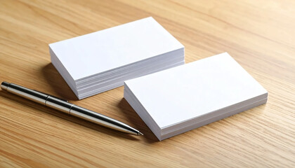 Fototapeta premium Mock up business card with a clean design, on a wooden table with a pen beside it.