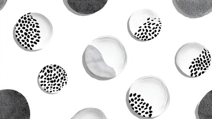 Abstract black and white circular plates with speckled design.