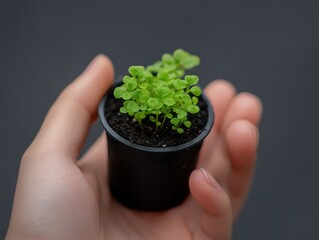Photo of hands gently cupping a small sprouting plant in a biodegradable pot