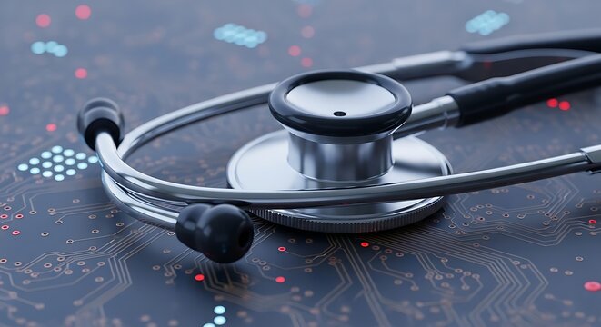 Stethoscope on a digital circuit board representing modern medical technology