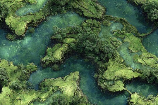 Top-down Seamless swamp terrain map murky water twisted mangroves and misty bogs dark green palette perfect for RPG dungeon tiles