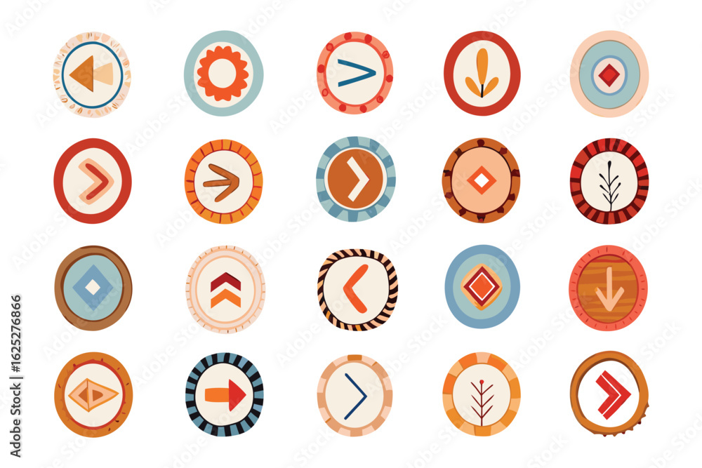 Poster set of vibrant arrows: a vibrant set of arrows in various directions, encased in circular designs. e