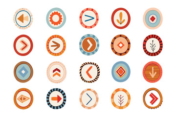 Set of Vibrant Arrows: A vibrant set of arrows in various directions, encased in circular designs. Each arrow boasts a unique motif and color palette, ideal for navigation and visual communication.