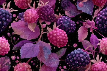 Whimsical blackberry and bramble decorative border hand-painted watercolor texture ethereal twilight color palette fantasy-inspired seamless pattern background