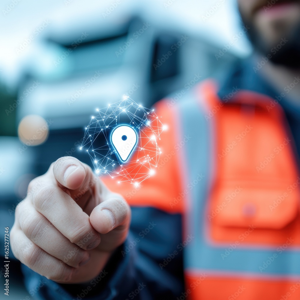Poster logistics and precision: a logistician employs cutting-edge technology, overlaying a digital locatio