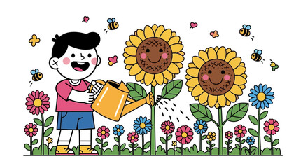 Cute Cartoon Vector SVG Illustration of Boy Watering Sunflowers in Flat Style with Bright Colors for Children's Content