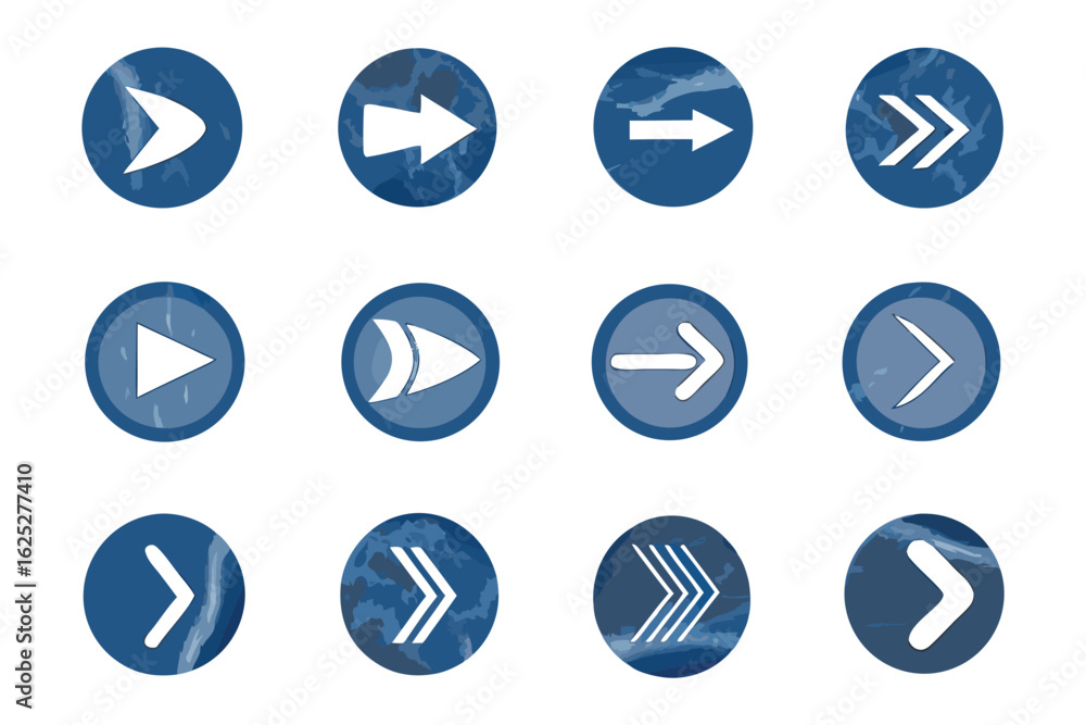 Poster arrow icons: a collection of twelve blue circular buttons, each adorned with a distinctive white arr
