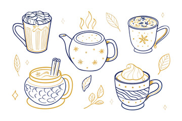 Artistic Tea Delight: An artistic illustration featuring a collection of delightful tea cups, a tea pot, capturing the essence of warmth and comfort.