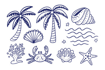 Obraz premium Oceanic Wonderland: An artistic illustration showcases a collection of marine life elements. Palm trees, seashells, and playful waves bring the essence of the shore.