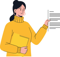 Cartoon woman holding documents and folder, teacher or office worker illustration, paper presentation, modern female professional, character in yellow sweater