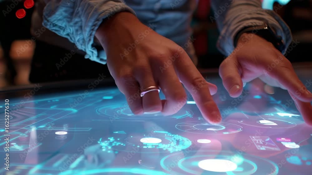 Poster interactive touchscreen technology display with hands engaged in data exploration in a modern enviro