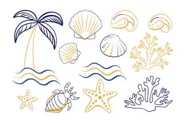 Seashells, Starfishes and Palm Tree: Artistic depiction of a beach theme, perfect for conveying tranquility and a touch of vacation vibes, with various seashells, starfish, coral, waves.