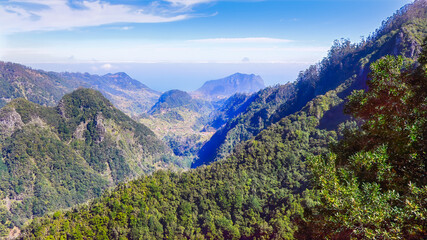 Fototapeta premium Volcanic folds like green origami — Madeira’s valleys ripple with timeless force, textured by trees and scattered dwellings. A terrain of myth beneath Atlantic skies.