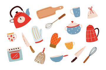 Kitchen Utensils and Appliances Illustration: A charming illustration featuring an array of kitchen tools. Includes kettle, cutting board, whisk, mugs, oven and more.