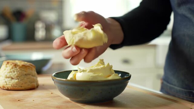 Close-up of a person dipping a warm scone into creamy butter in a kitchen