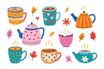 Cozy Warmth: A collection of illustrated mugs and teapots, radiating warmth and comfort. Adorned with colorful decorations.