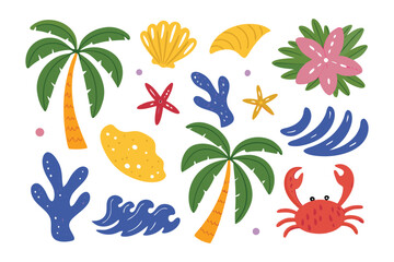 Tropical Ocean Life in Art: Colorful artistic representations of marine life and coastal elements, including palm trees, shells, starfish, and a crab create a vibrant.