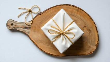 A white gift wrapped with twine on a wooden board with a twine bow on a white background