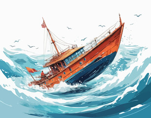 Obraz premium A bright orange and blue boat is shown tipping precariously in the middle of a turbulent, choppy sea with large blue waves and white foam, with several seagulls flying overhead in the clear sky (2)