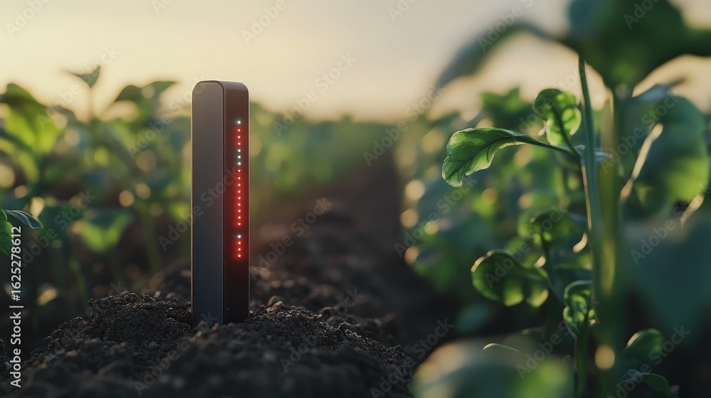 Poster sleek agritech sensor embedded in soil in a vibrant green field