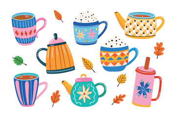 Warm Beverage Delight: A collection of beautifully illustrated cups and teapots filled with warm beverages and adorned with autumn leaves.