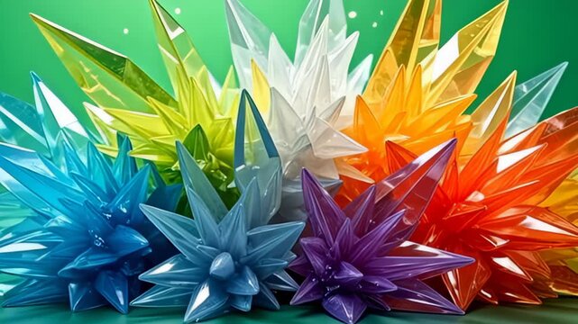 In a sublime convergence of form, modern gradient sharp-edged crystal shards exploding outward radiate an enchanting glow, each facet reflecting intricate patterns of light against an